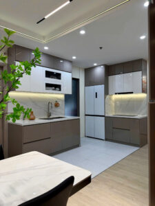 Mẫu tủ bếp nhựa đặc PVC phủ Acrylic với phối màu hiện đại, chống nước tốt