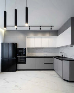 Mẫu tủ bếp gỗ MDF phối màu tone trắng xám hiện đại và sang trọng cho không gian bếp